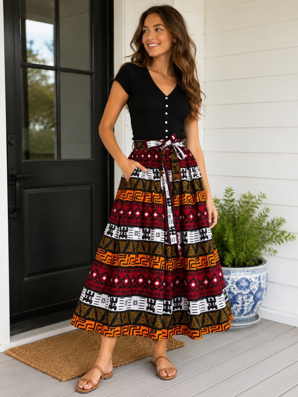 African Print Cotton Wrap Tie Maxi Skirt Elastic Waist Boho Festival Tribal S/M